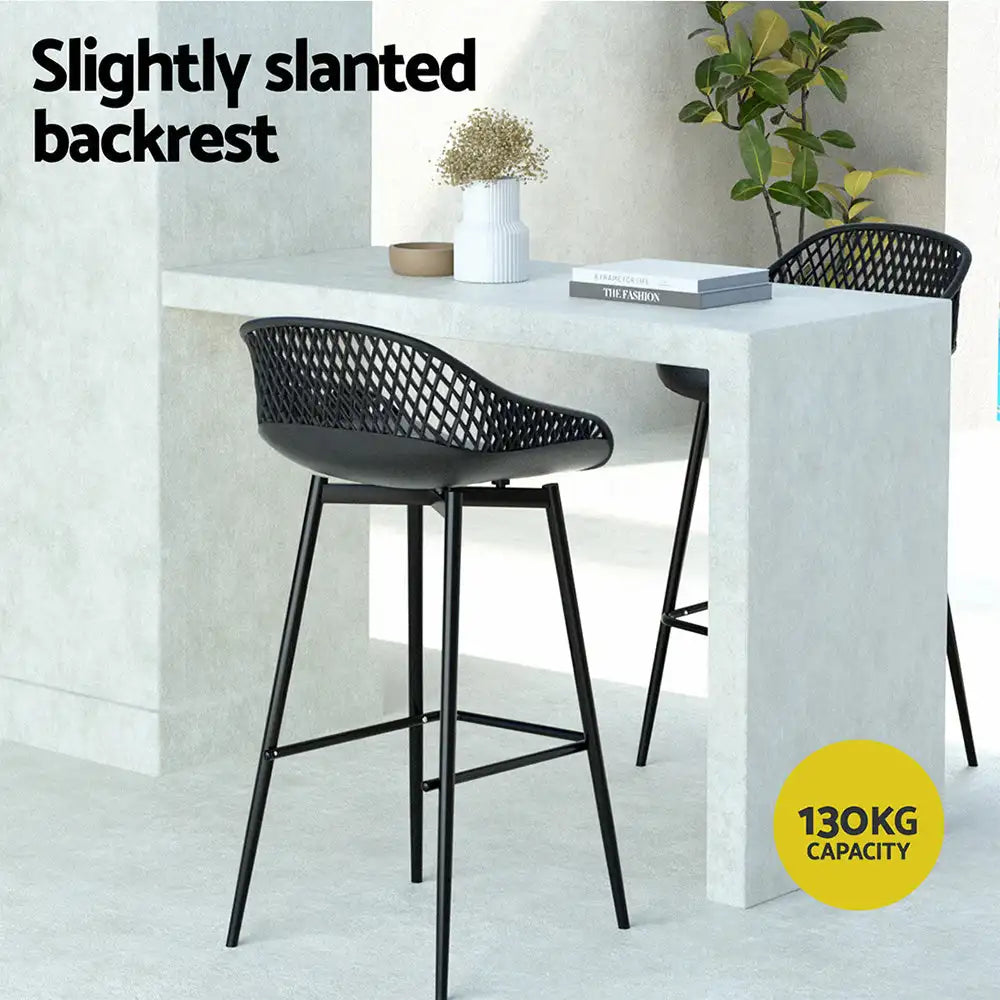 2x Outdoor Bar Stools – Black Polypropylene Seat with Metal Frame & Footrest