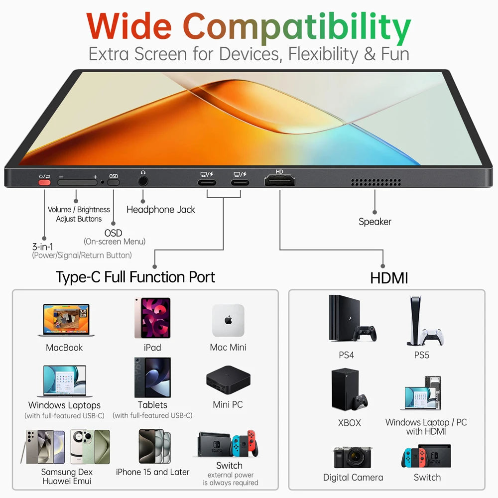 16" 3K Touchscreen Portable Monitor with USB-C and HDMI