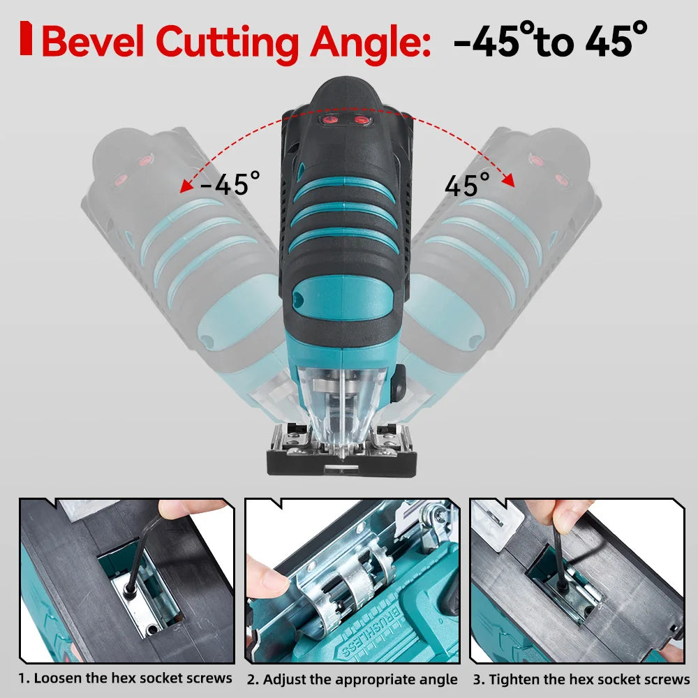 Portable Electric Jig Saw Cordless 1000W, Adjustable 45° Angle, 4 Accessories Included