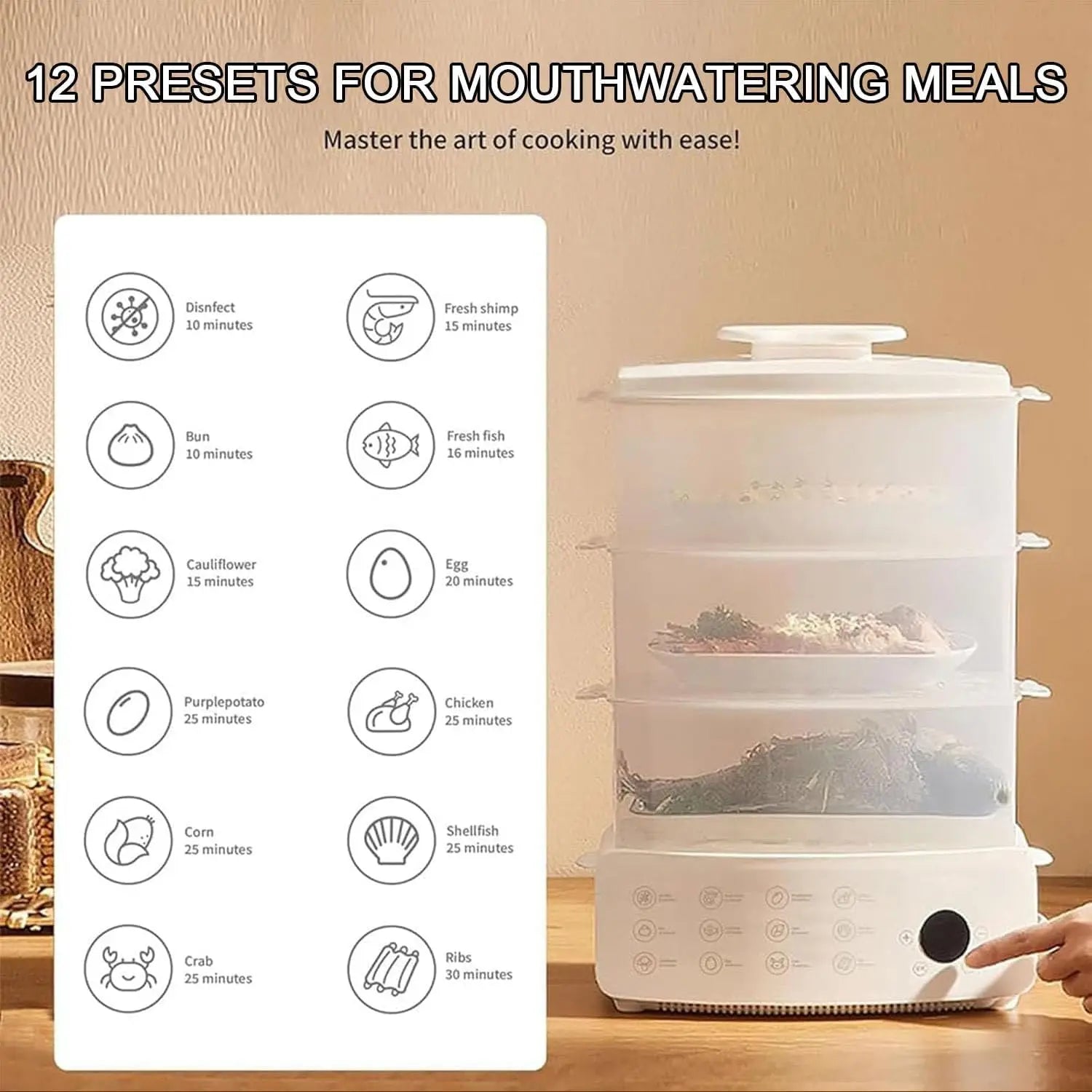 12L Multi-Tier Steam Cooker for Dumplings, Vegetables & Rice with Auto Shut-Off