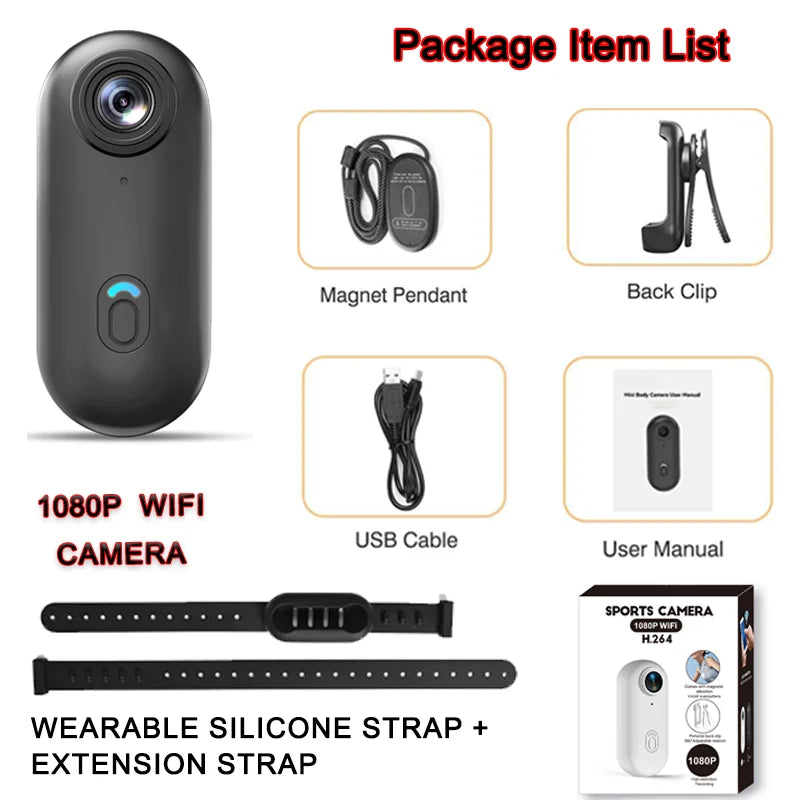 Mini 1080P Action Camera with Clip, WiFi & Wearable Accessories – FHD (Black)
