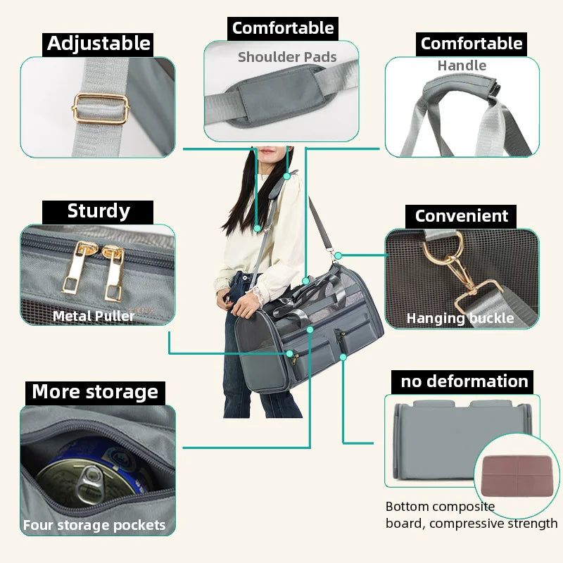 Waterproof Foldable Pet Carrier Bag Large Capacity Travel Tote for Cats and Small Dogs