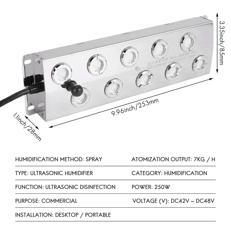 10 Head Ultrasonic Mist Maker with 12V Power for Greenhouse & Hydroponics