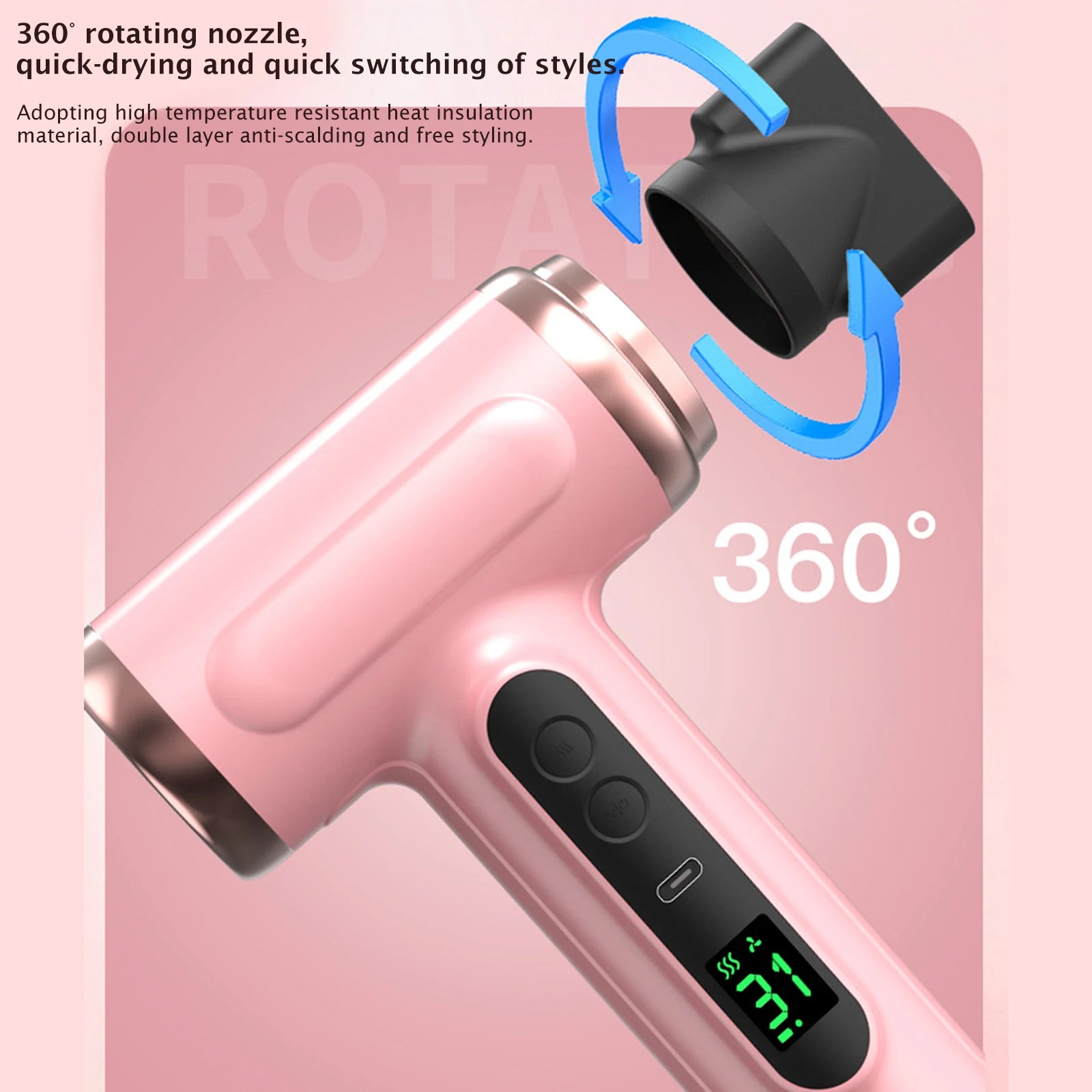 Cordless High-Speed Hair Dryer with Digital Display – Rechargeable & Lightweight for Home or Salon