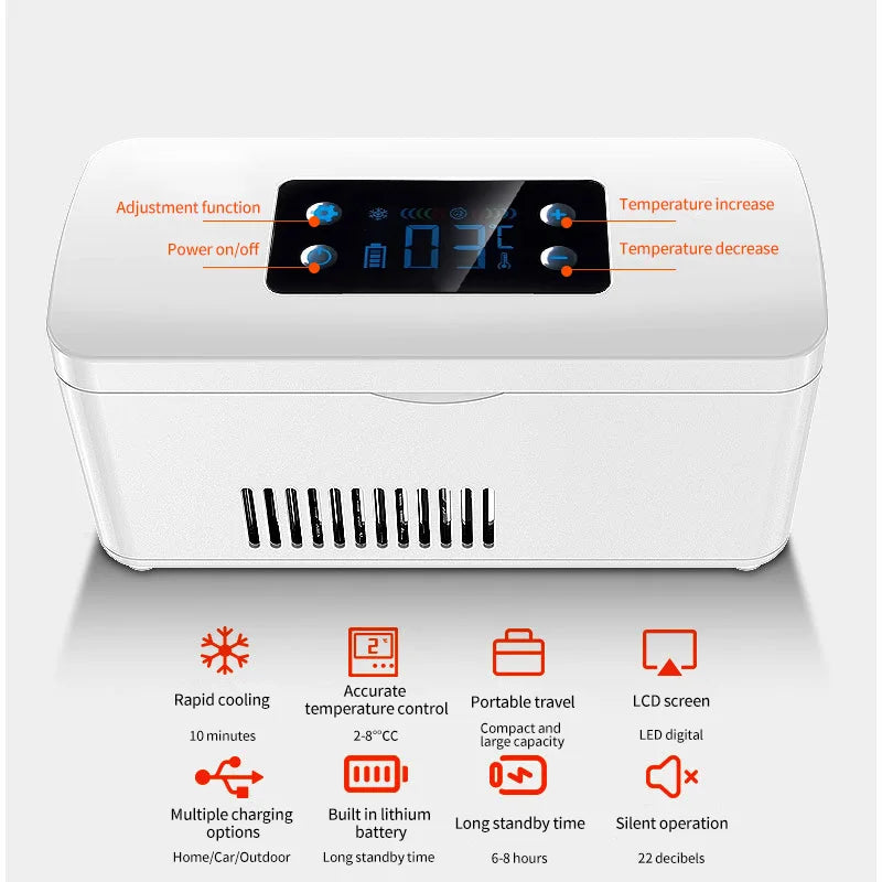 White Portable Insulin Fridge with LCD Display, 7800mAh Battery, 2–8°C Cooling for Travel Use