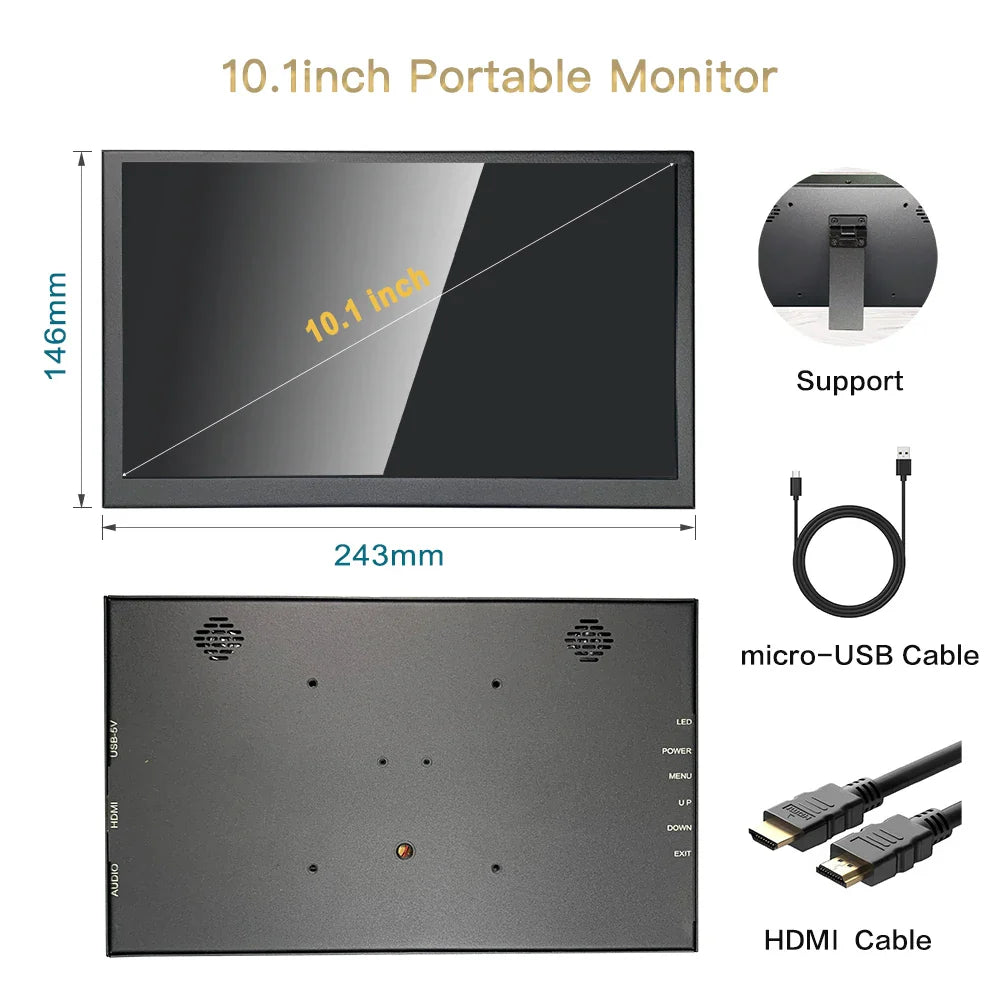 10in Portable IPS Touchscreen Monitor 1024x600 with Speakers