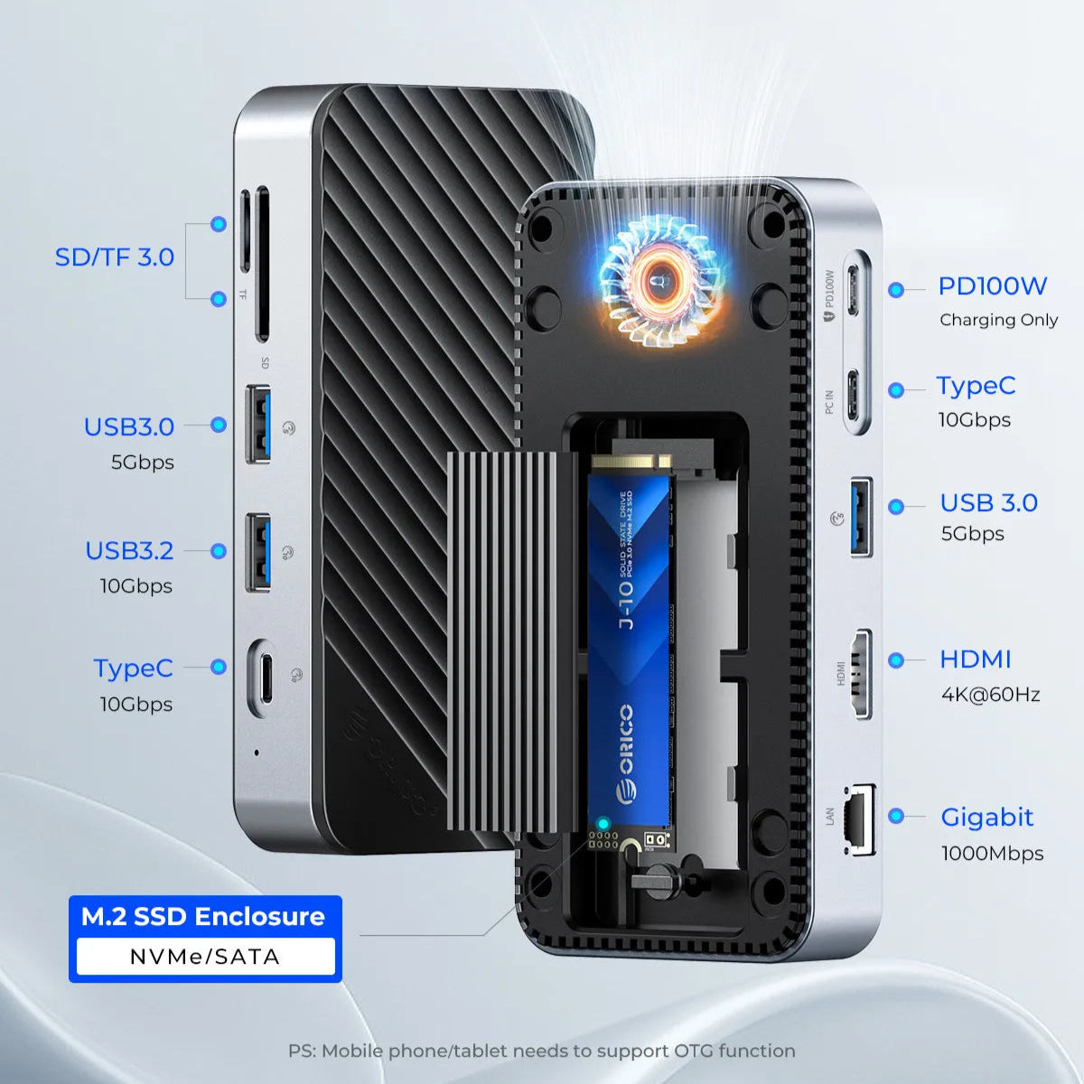 10-in-1 USB-C Dock with M.2 NVMe/SATA SSD Enclosure, 4K HDMI, RJ45, Cooling Fan, 100W PD