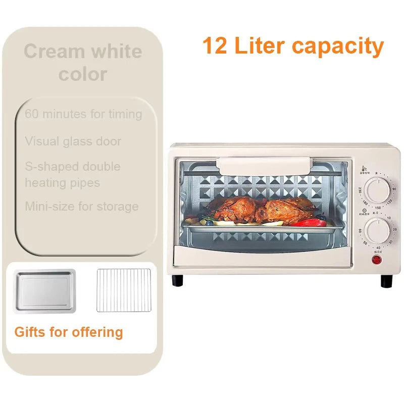 12L Portable White Electric Oven Even Heating, Mechanical Timer, for Toast & Pizza