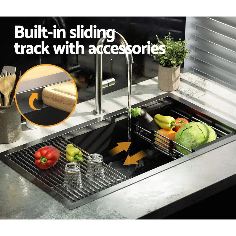 81x45cm Drop-In Kitchen Sink with Roll-Up Rack & Drain Basket