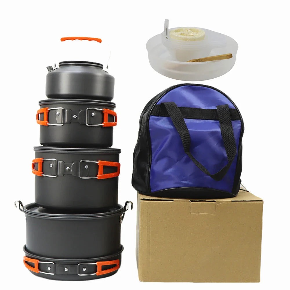 Portable Camping Cookware Set with Kettle, Pots, Utensils, Tableware