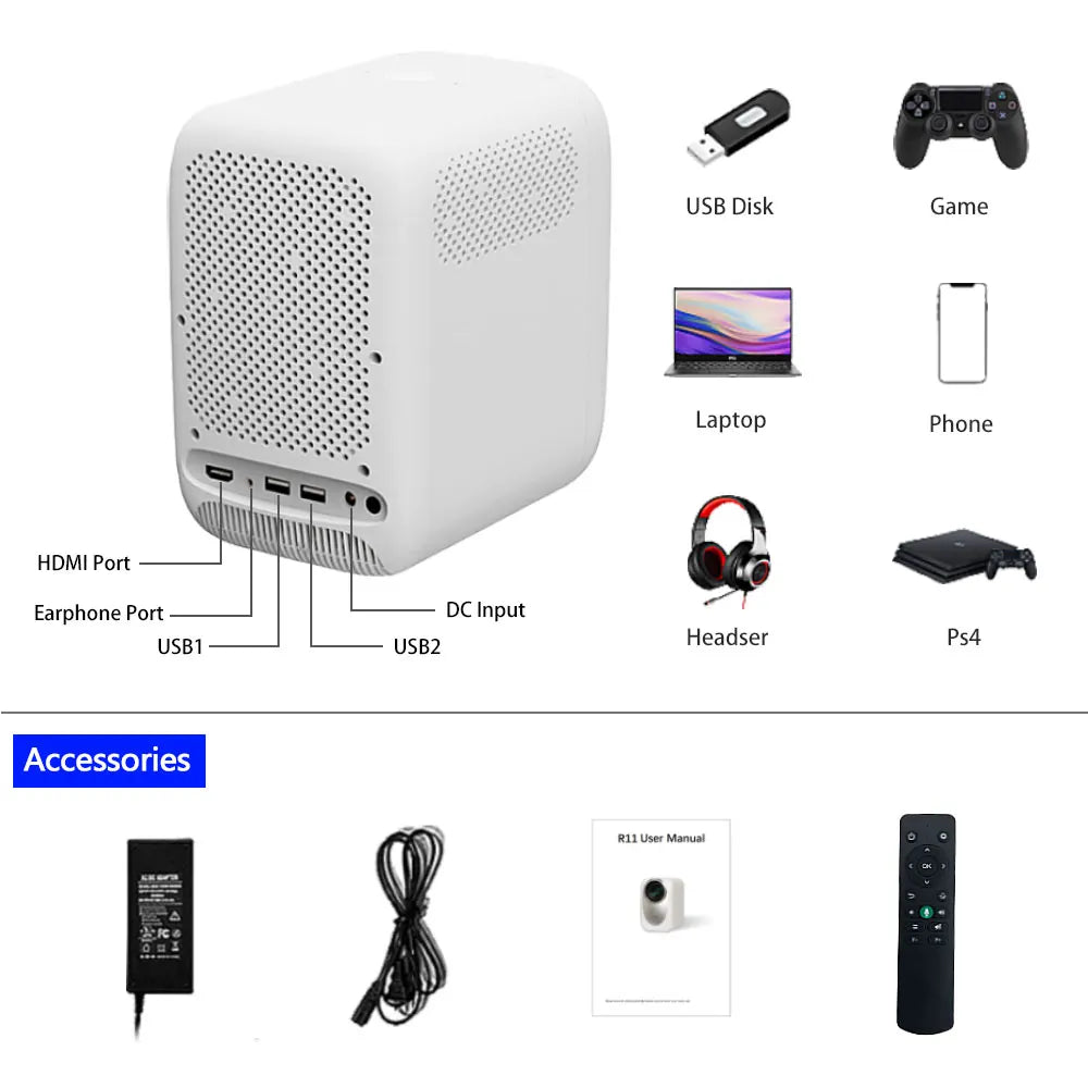 1080p Android Projector with 100" Screen, 8000 Lumens, 5G WiFi, Bluetooth