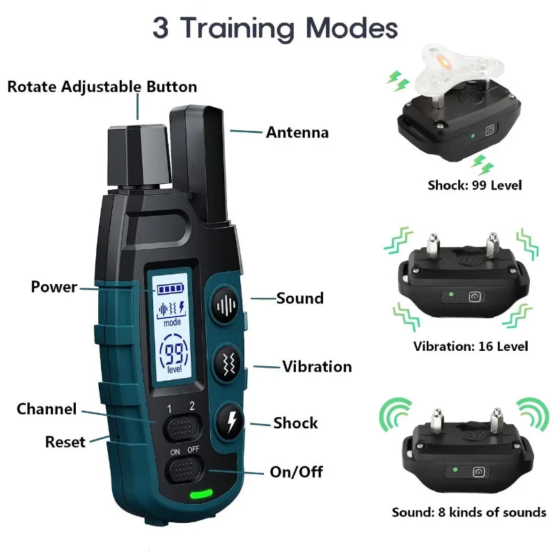 1000M Rechargeable Remote Dog Training Collar Waterproof, Vibration & Static for 2 Dogs Blue