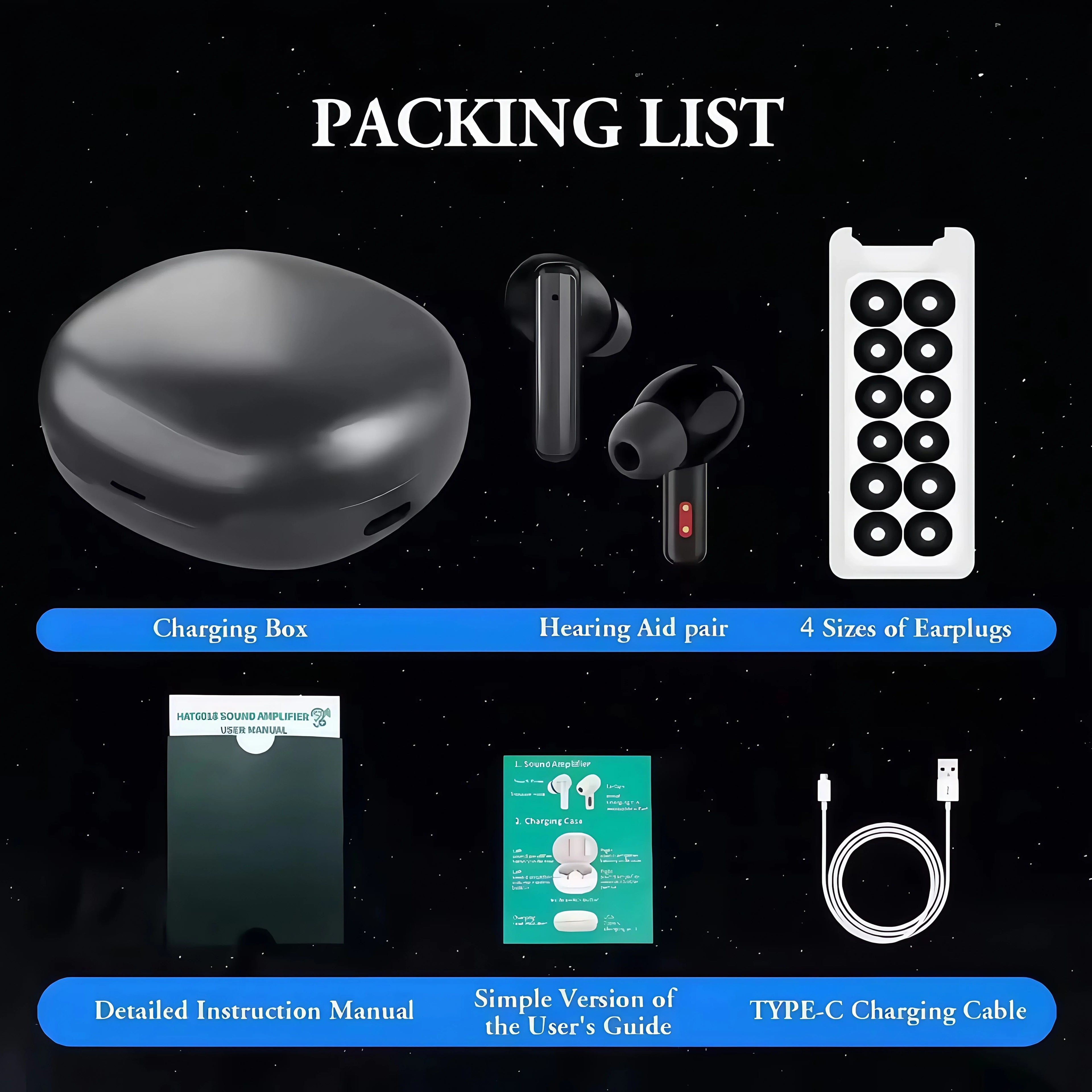 Digital Hearing Aid with Bluetooth, 25H Battery & 4 Sound Modes – Black