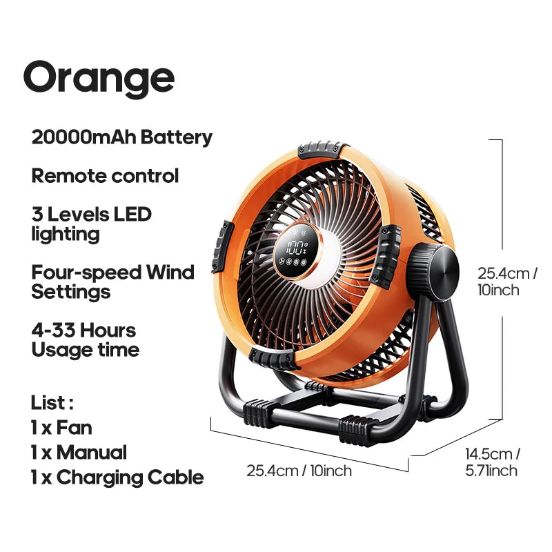 Rechargeable Outdoor Fan with LED Light, 4 Speeds & 20000mAh Battery
