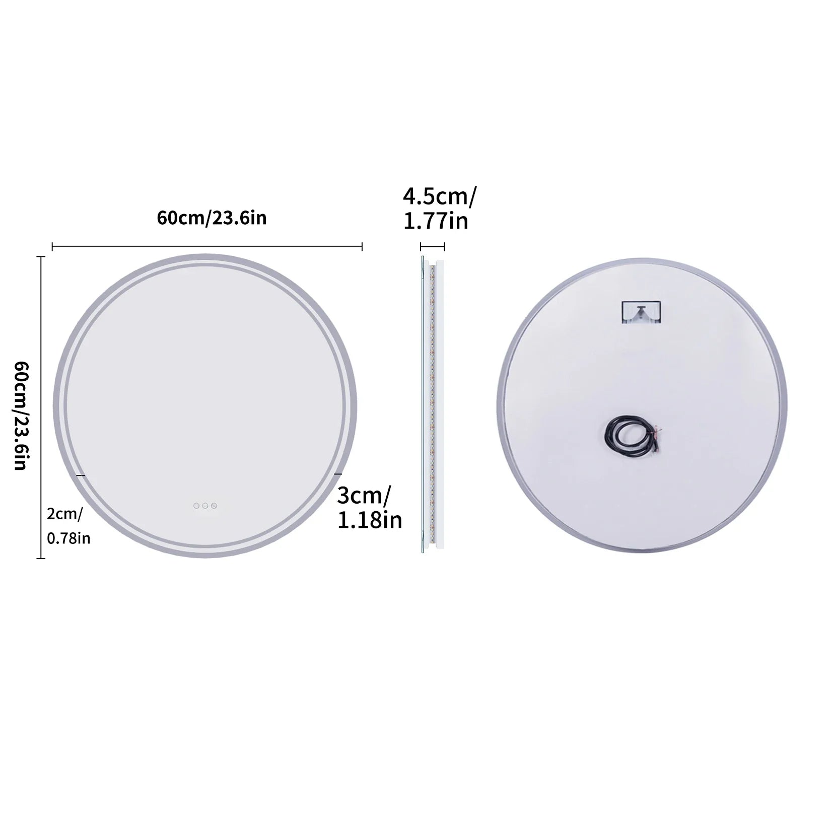 Smart Round LED Bathroom Mirror 60cm with Touch Control & Waterproof Design