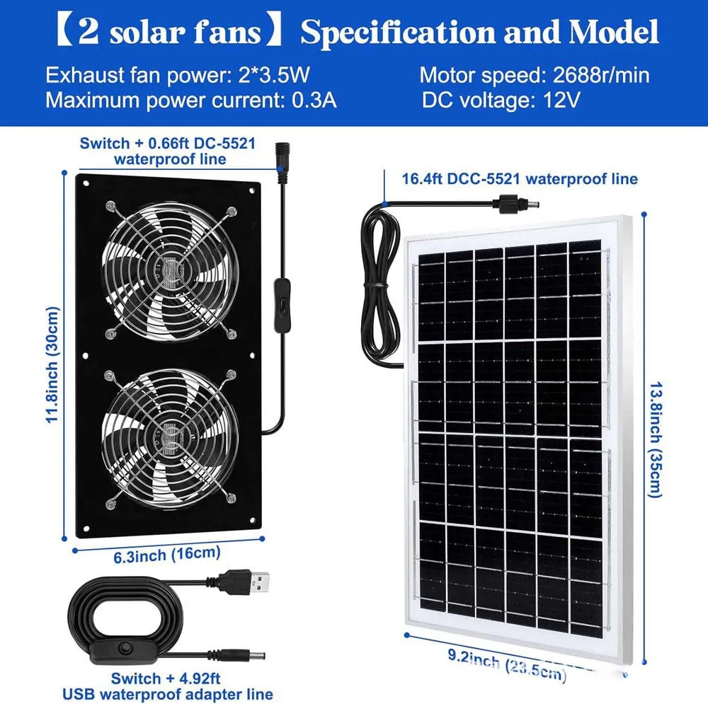 12V Solar Exhaust Fan with Dual Cooling Blades for Kitchen, Greenhouse & Pet Room