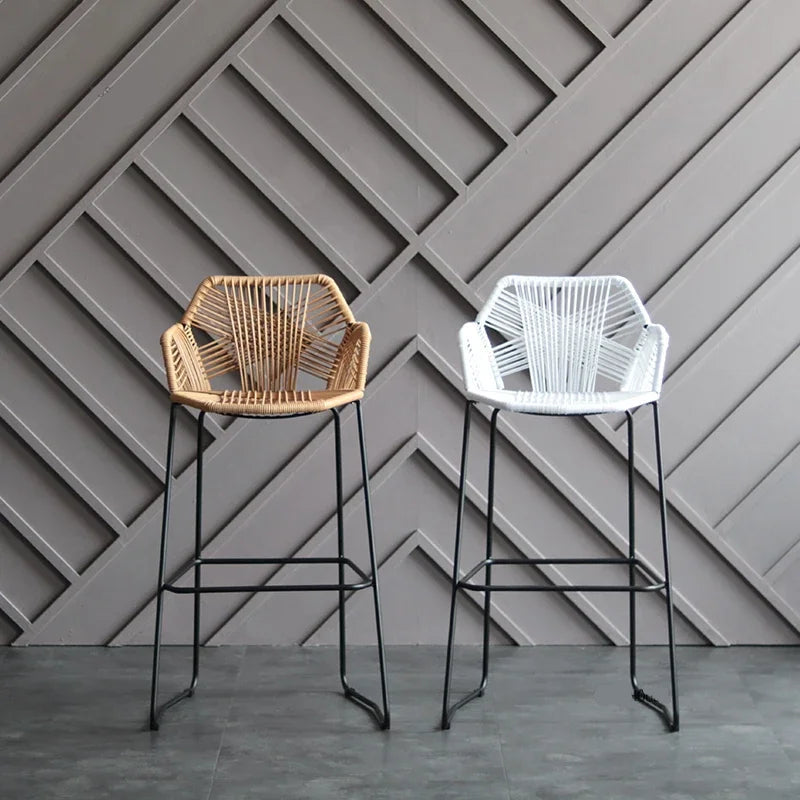 Waterproof Rattan Bar Stools Nordic Hollow-Back Chairs for Outdoor Courtyard & Patio Dining
