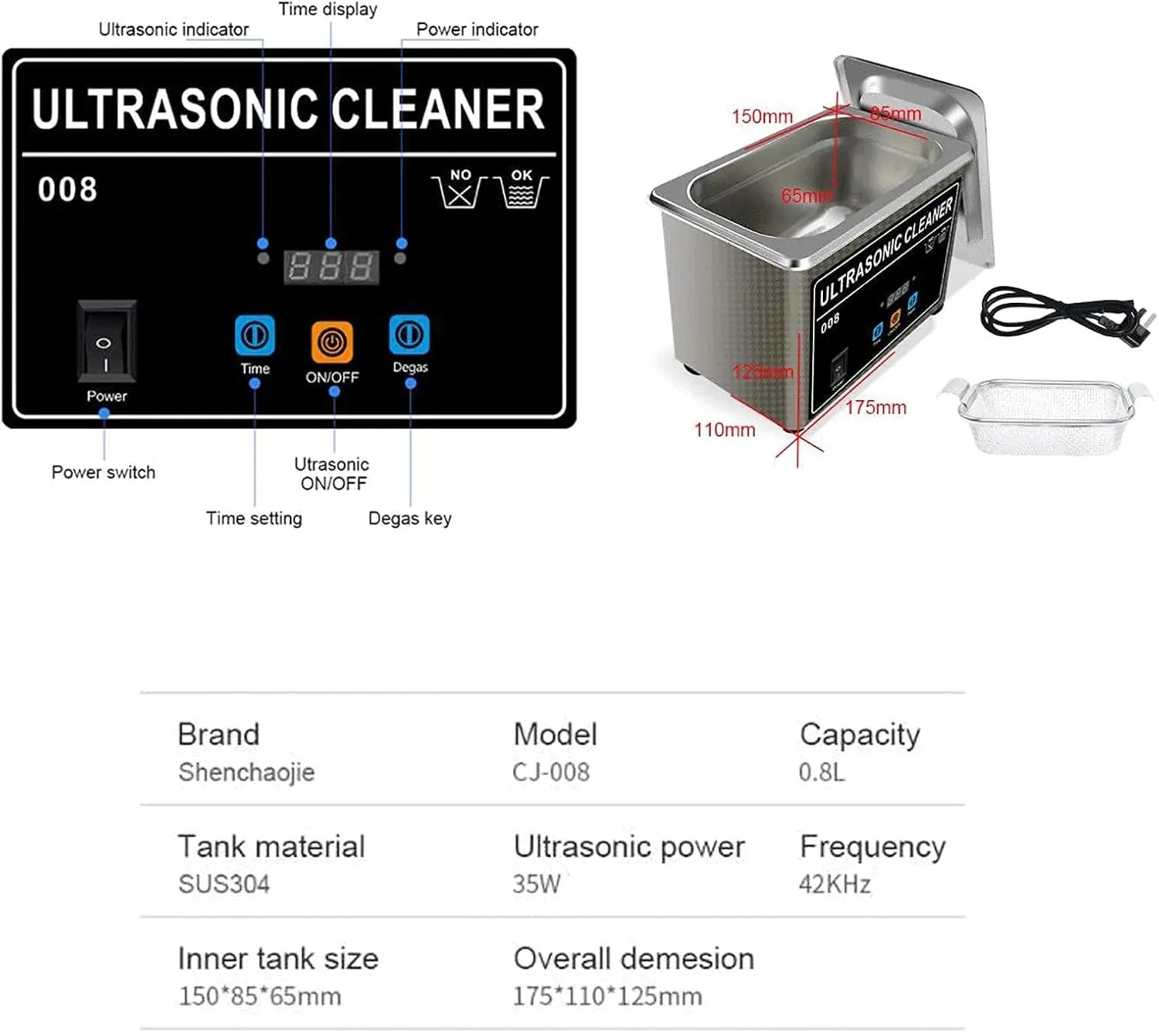Portable Ultrasonic Cleaner 800ml 35W Stainless Steel Bath for Jewellery, Glasses & Watches