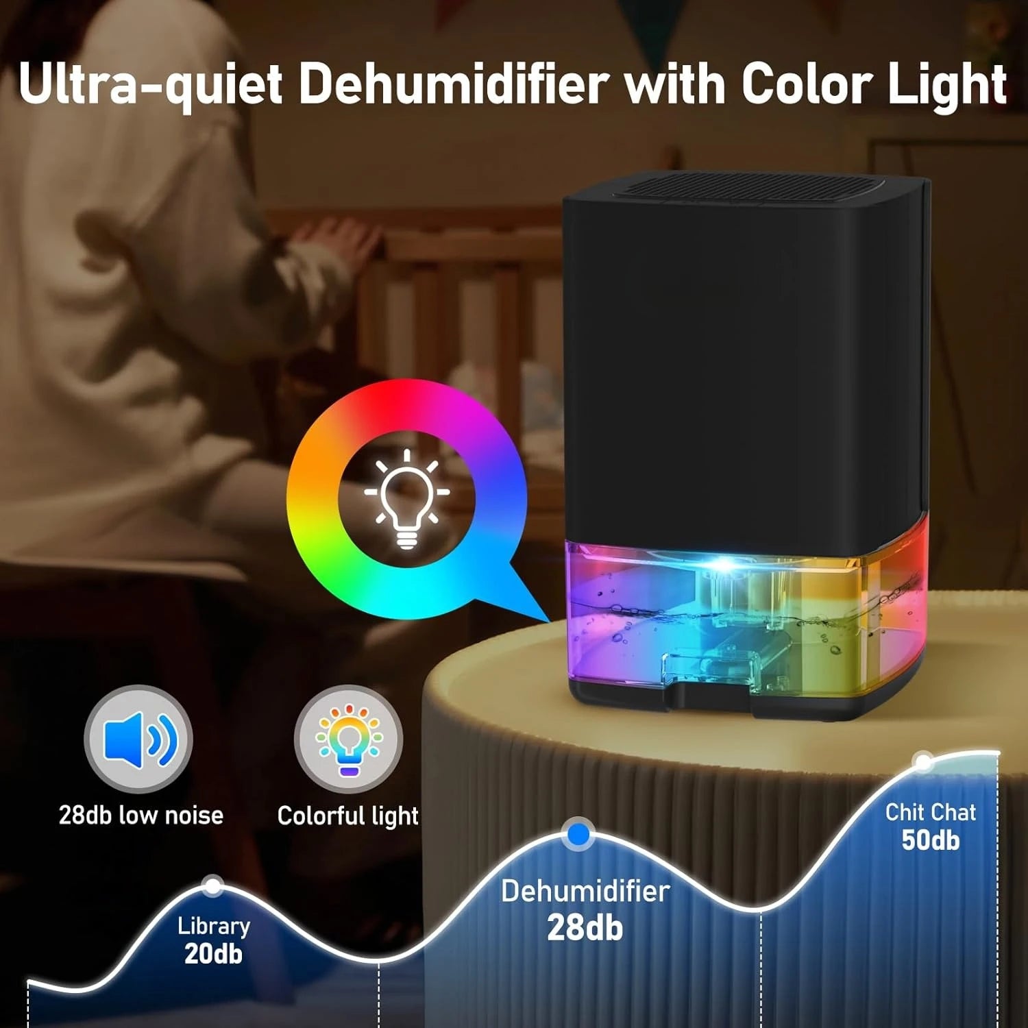 Compact Room Dehumidifier with Water Tank, LED Mood Lights & Overflow Protection