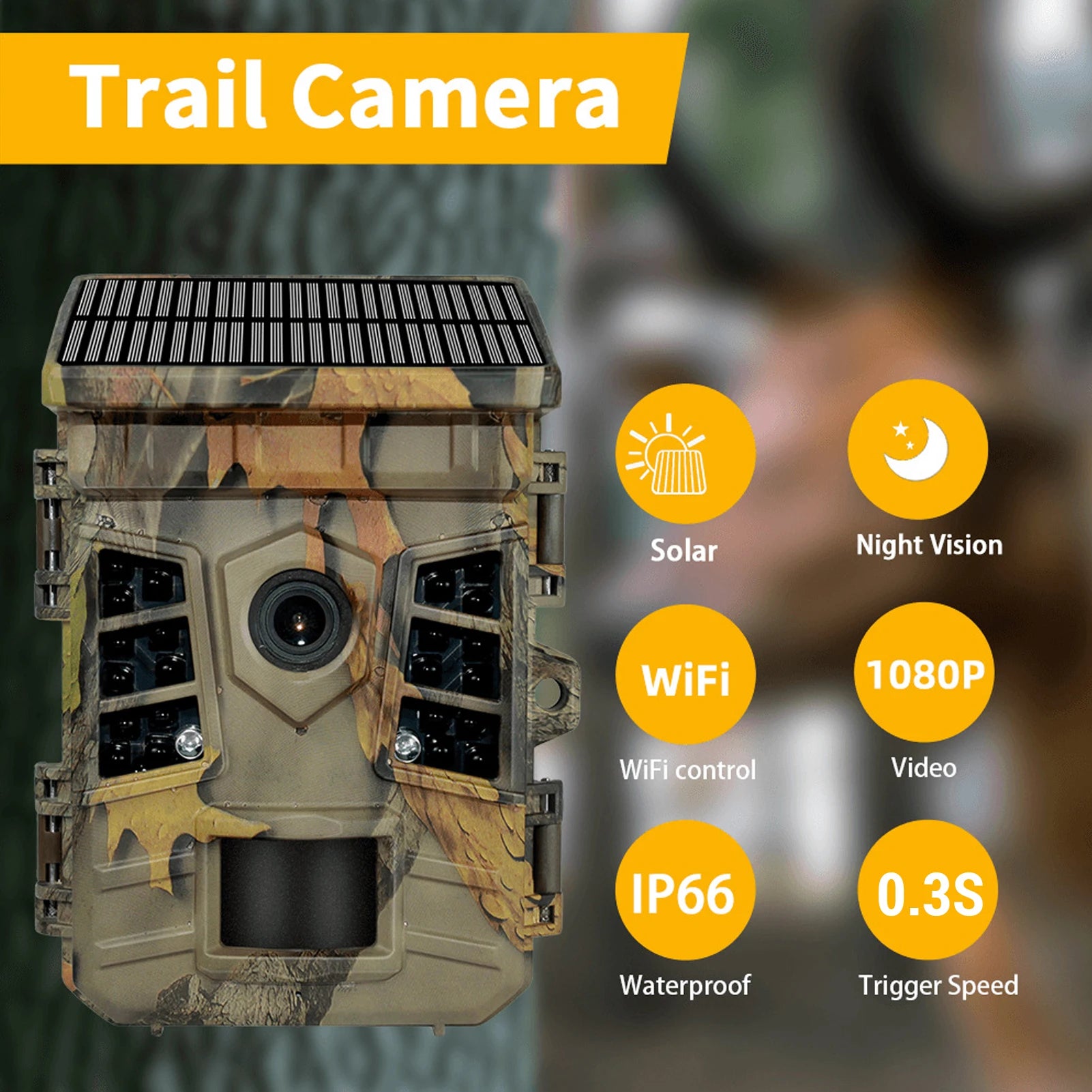 1080p Trail Camera with WiFi, Solar Power & 32MP Night Vision 0.3s Trigger, IP66 Waterproof
