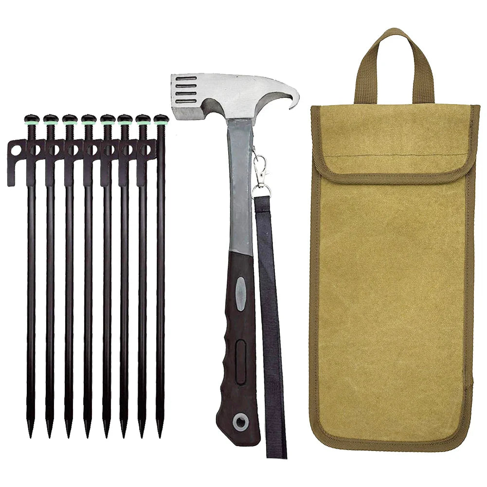 8-Piece Heavy Duty Tent Pegs Kit with Hammer – Khaki
