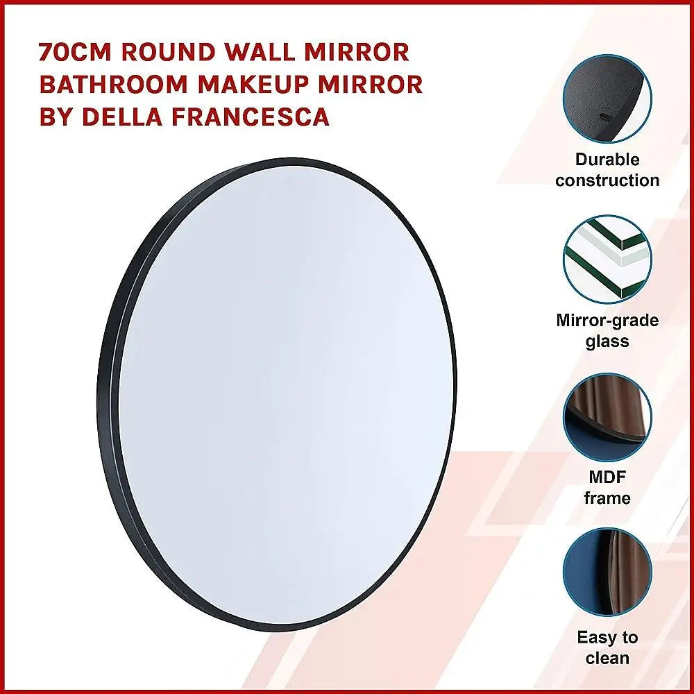 70cm Round Wall Mirror with Black Frame – Modern Bathroom & Makeup Design