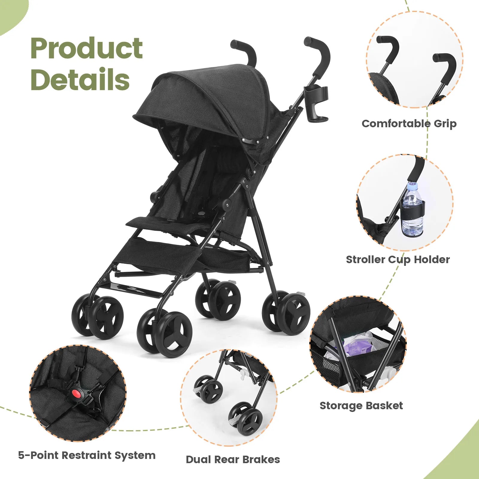 Lightweight Foldable Travel Stroller with Stainless Steel Frame for Ages 0-6Y