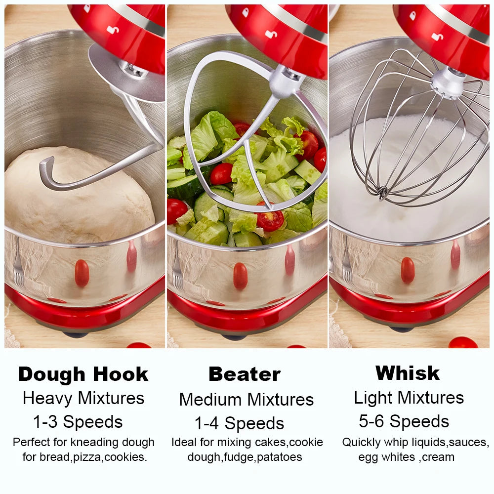 Red 1200W Kitchen Stand Mixer 6L, 6-Speed, Quiet Motor