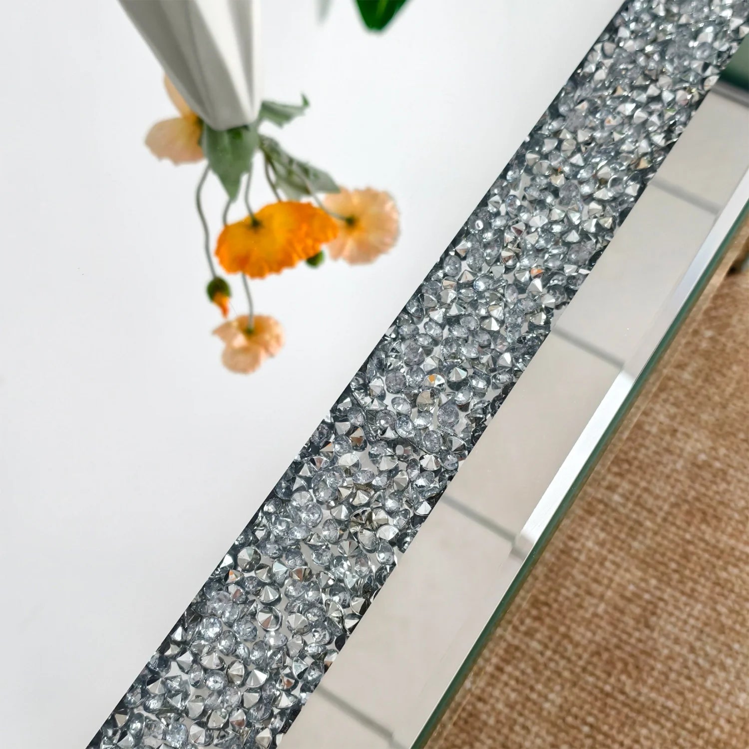 120cm Rectangular Mirrored Coffee Table with Crystal Inlay – Silver Accent Centrepiece