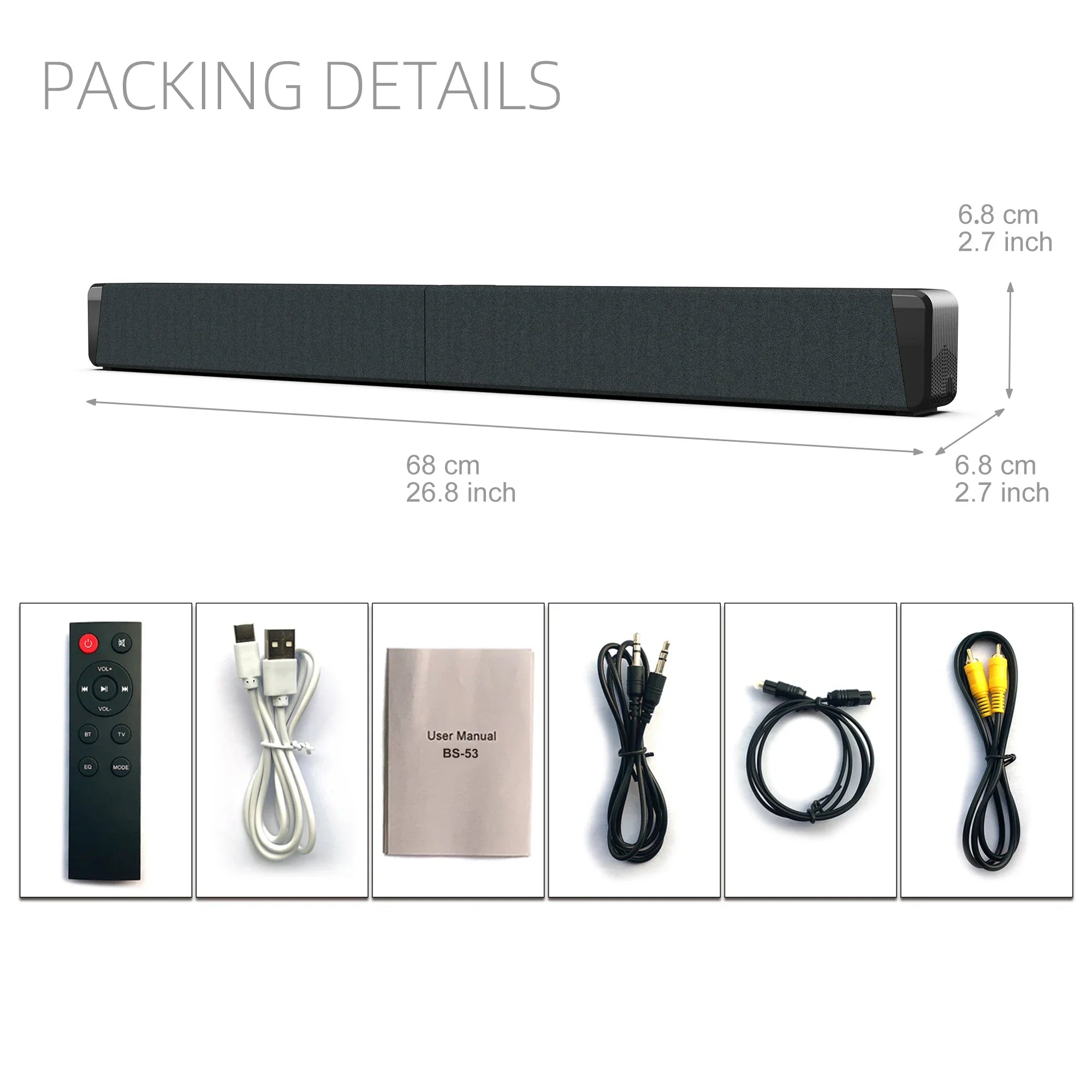 Wireless Home Theatre Sound Bar Bluetooth 5.1, 3D Stereo, FM Radio, TF/USB/AUX/RCA, Remote Control