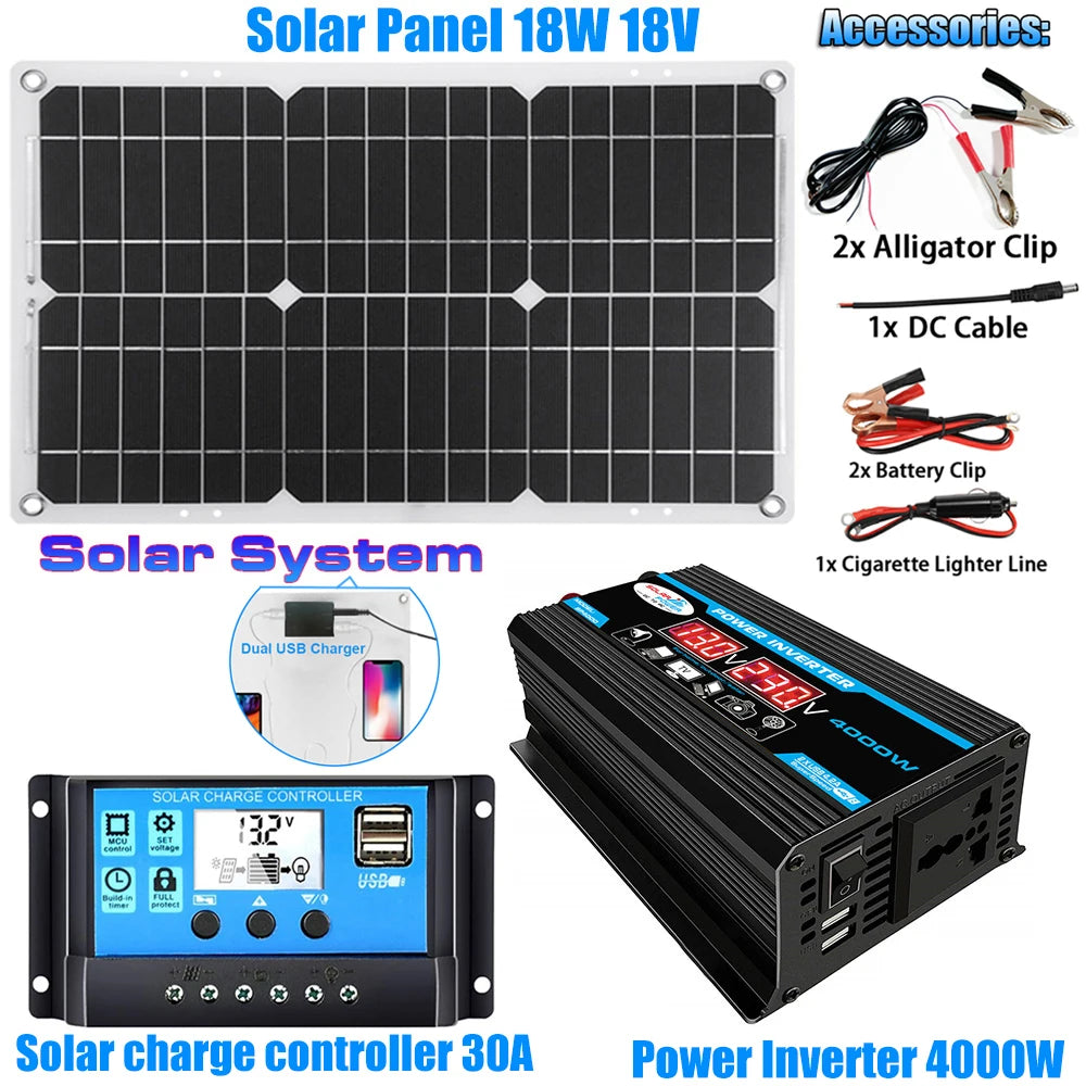 4000W 12V to 220V Solar Generator Kit with Panel, Inverter & Dual USB Outdoor Power Solution