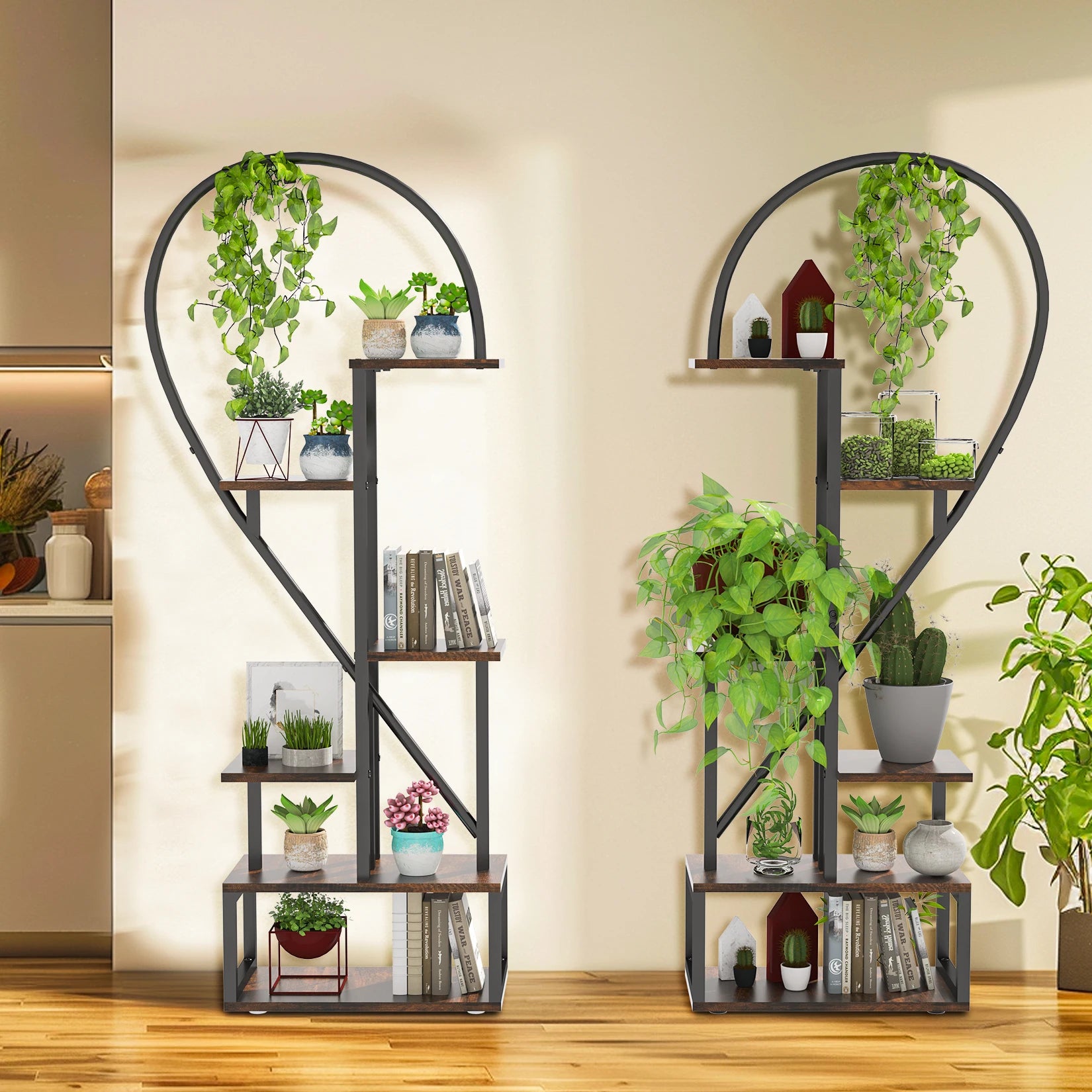 Black Multi-Tier Plant Rack Convertible Heart-Shaped Indoor/Outdoor 2-Piece Display Shelf Set