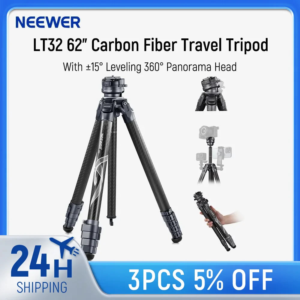 Lightweight Travel Tripod 62" with 360° Rotation & Arca Plate