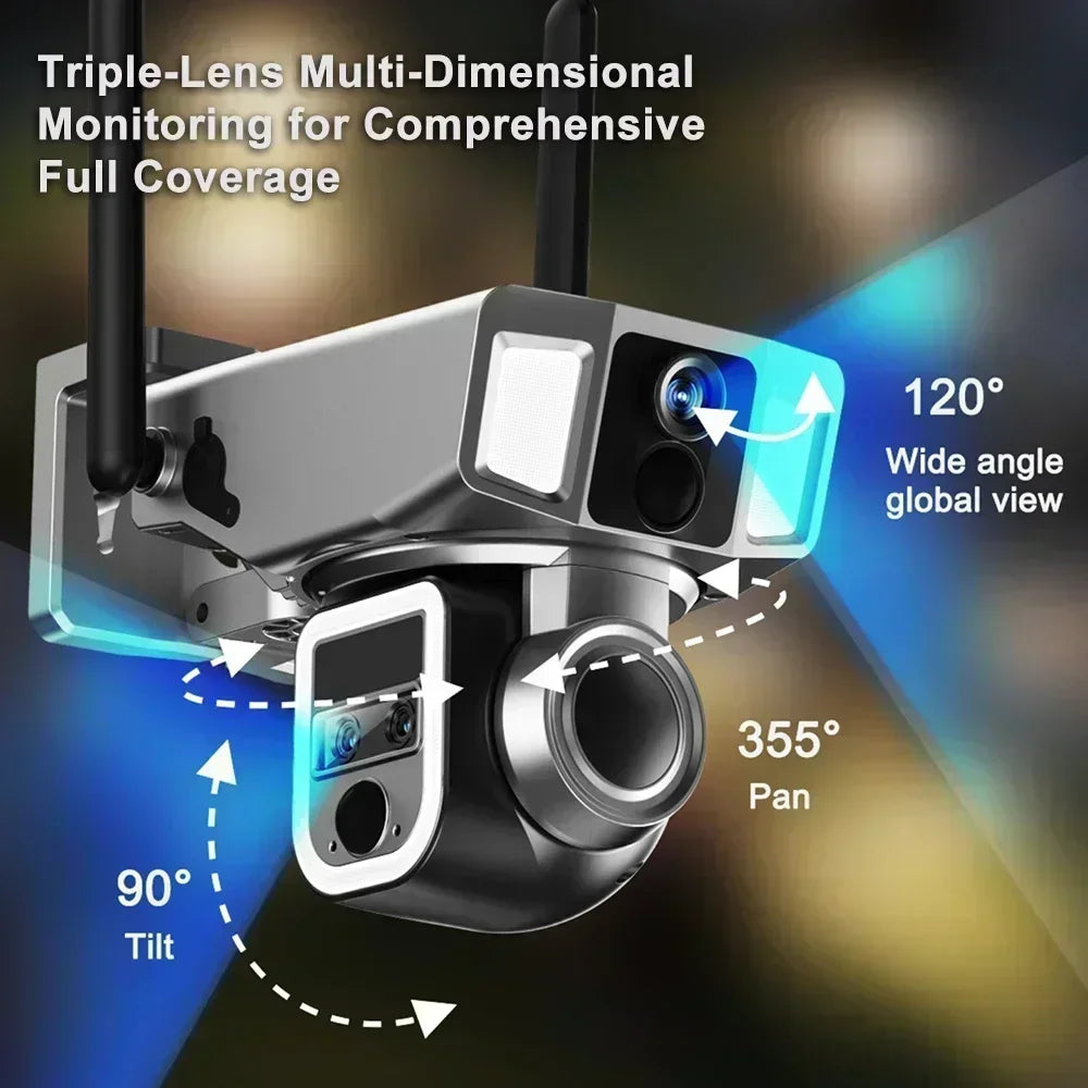 Smart Solar Security Camera 12MP 4K Triple Lens, 10X Zoom, WiFi PTZ Outdoor