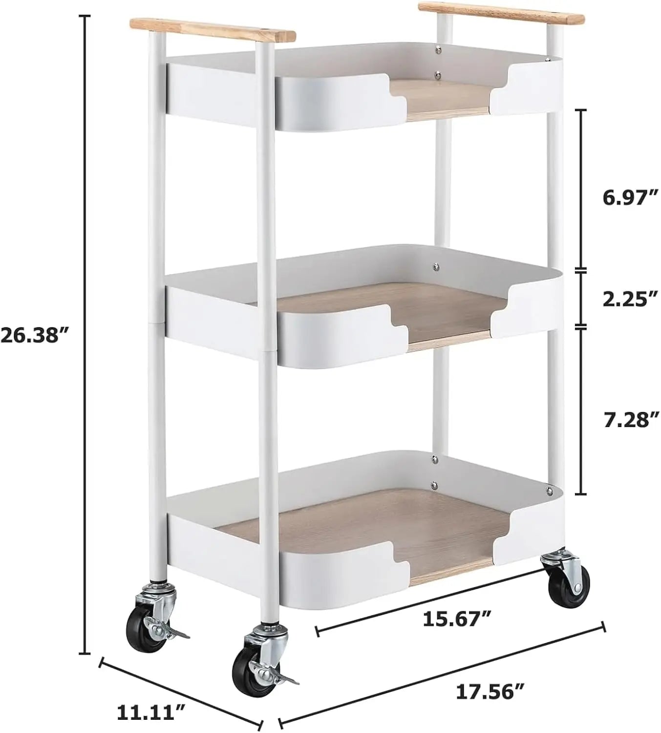 3-Tier Carbon Steel Movable Storage Trolley with Handle Heavy Duty Utility Cart for Home & Office