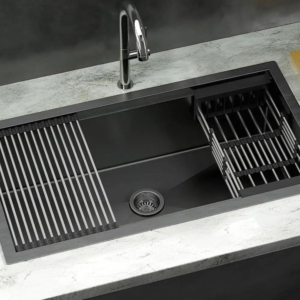 81x45cm Drop-In Kitchen Sink with Roll-Up Rack & Drain Basket
