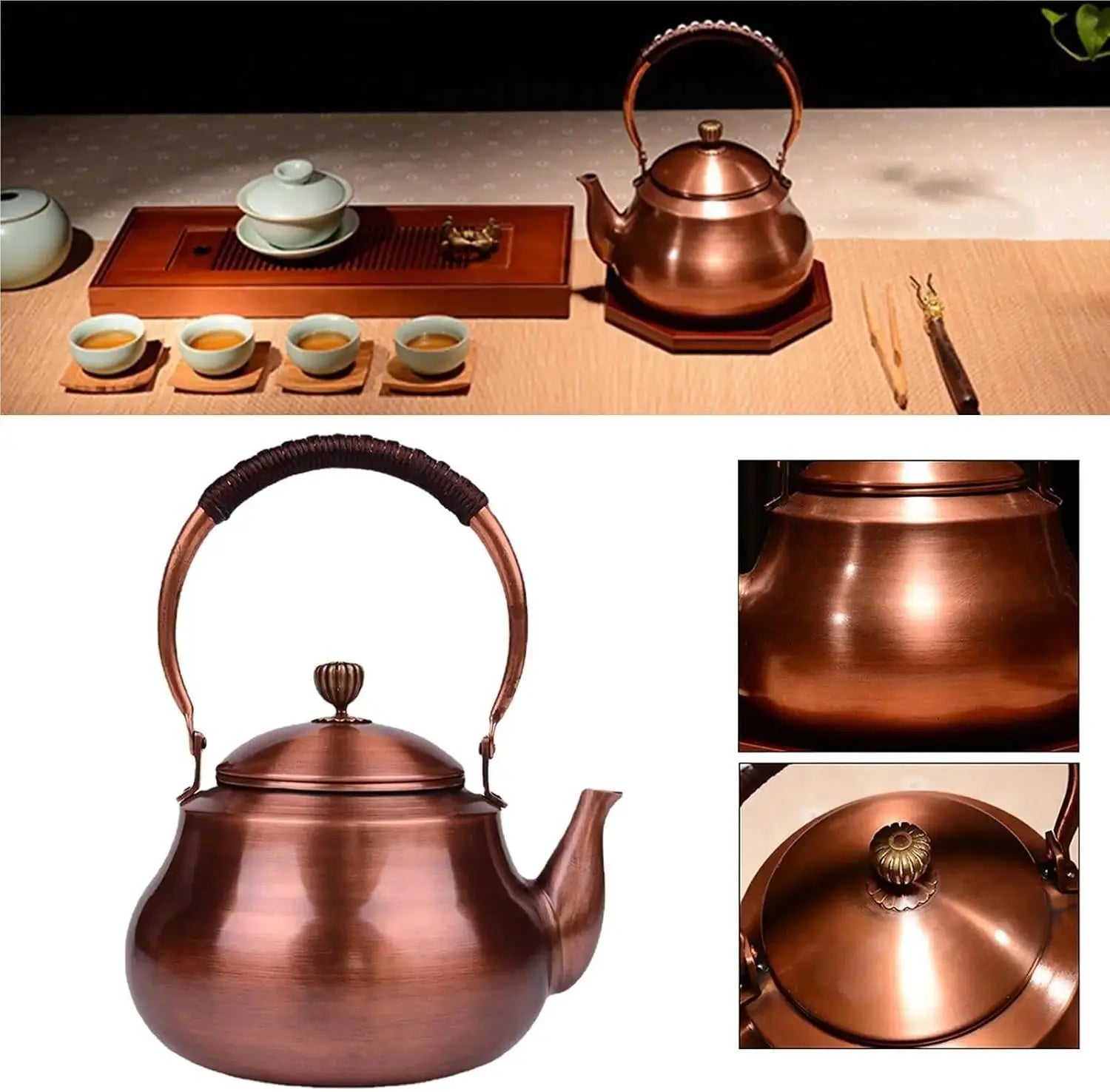 1.5L Copper Tea Kettle with Whistling Spout & PU Leather Handle – Gas, Induction, Electric