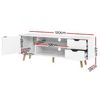 120cm Scandinavian TV Cabinet Entertainment Unit with Drawers & Shelves – White Wood Finish
