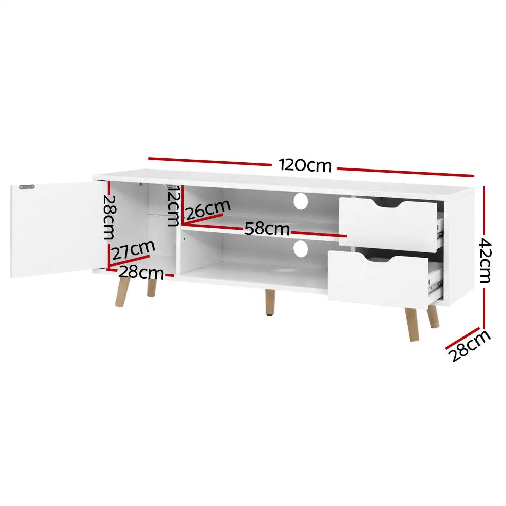 120cm Scandinavian TV Cabinet Entertainment Unit with Drawers & Shelves – White Wood Finish