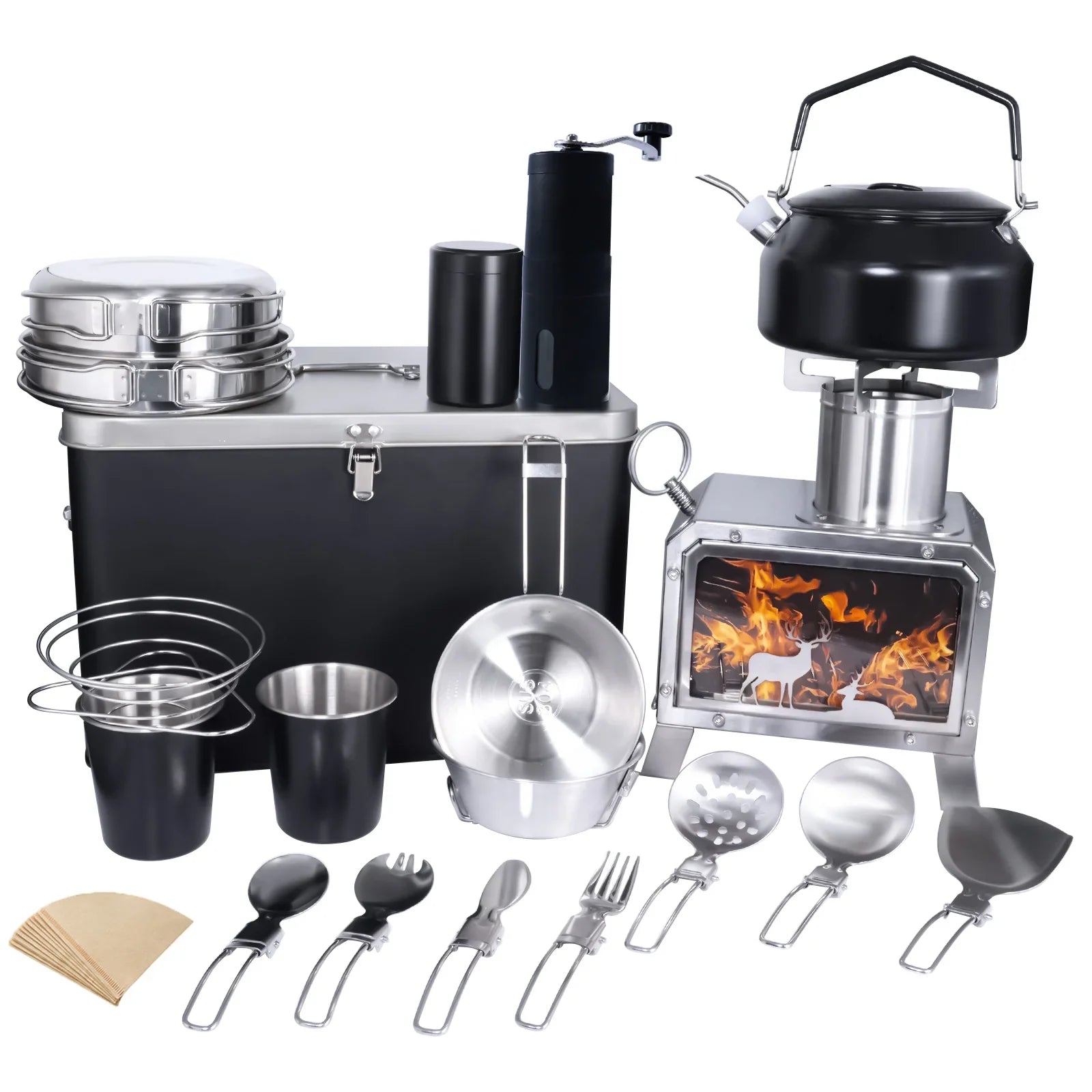 11-Piece Portable Camping Cookware Set with Tea Pot & Stove