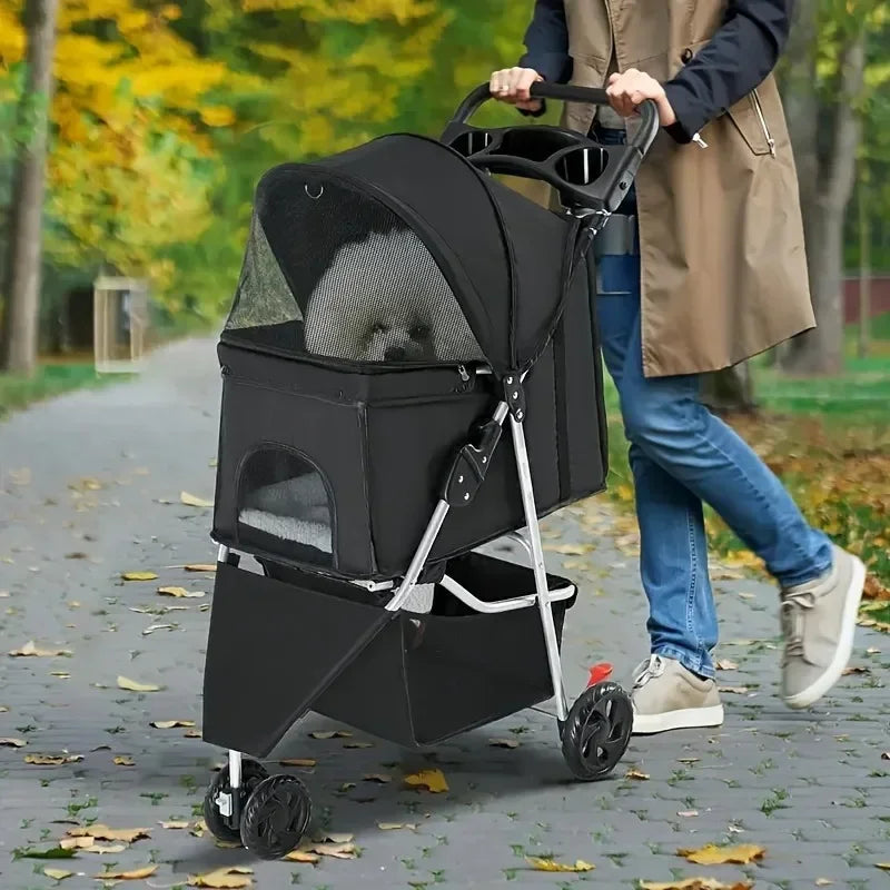 Lightweight Foldable Pet Stroller with 3 Wheels Waterproof Travel Carrier for Cats & Dogs up to 15kg