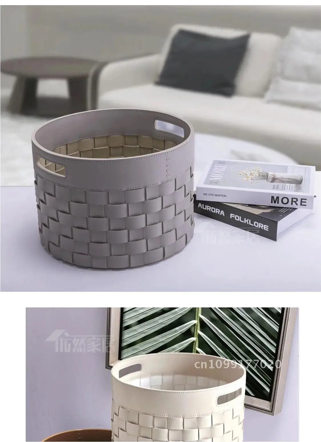 12L Leather Woven Storage Basket Round, Foldable & Soft Interior style4
