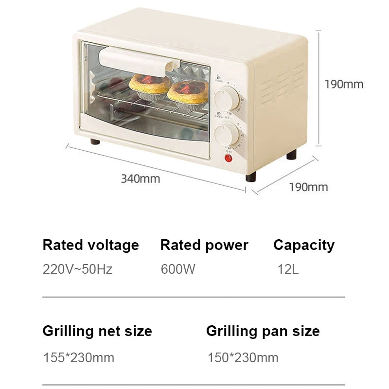 12L Portable White Electric Oven Even Heating, Mechanical Timer, for Toast & Pizza