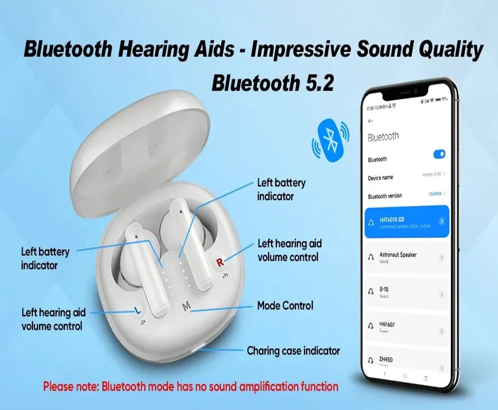 Digital Hearing Aid with Bluetooth, 25H Battery & 4 Sound Modes – Black