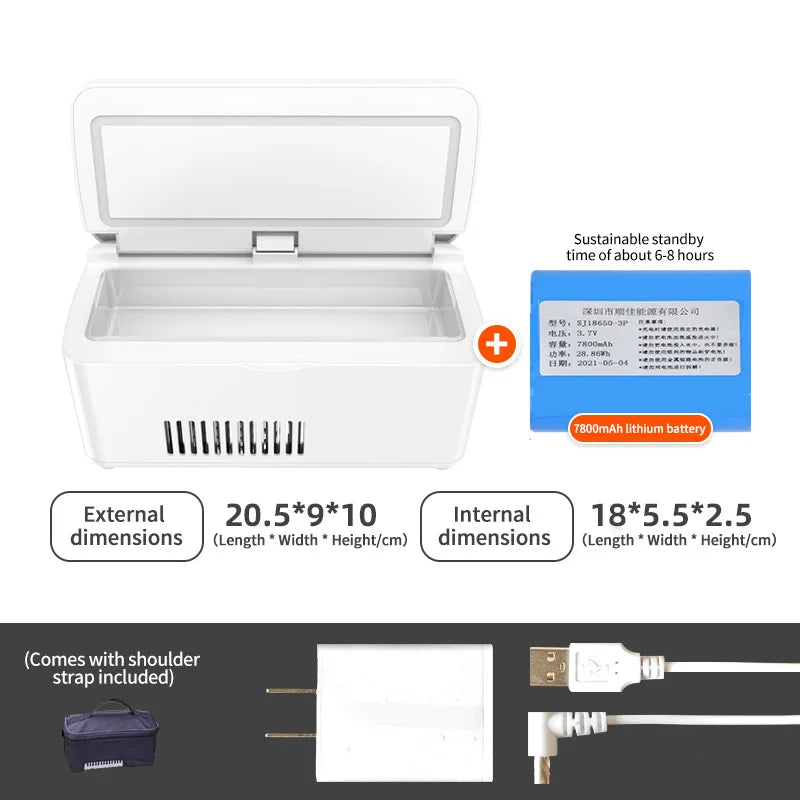 White Portable Insulin Fridge with LCD Display, 7800mAh Battery, 2–8°C Cooling for Travel Use