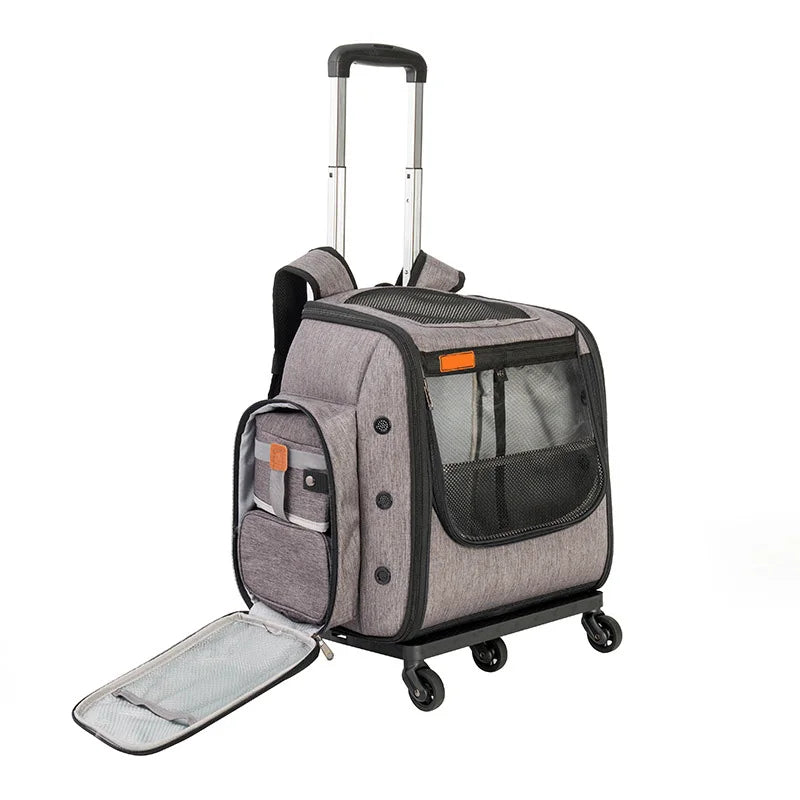 Portable Folding Pet Travel Carrier with Trolley Wheels Includes Food Bowl, 42×40×30cm