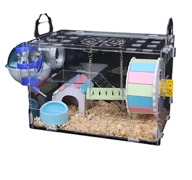 Transparent Hamster House with Accessories and LED Light – Beige