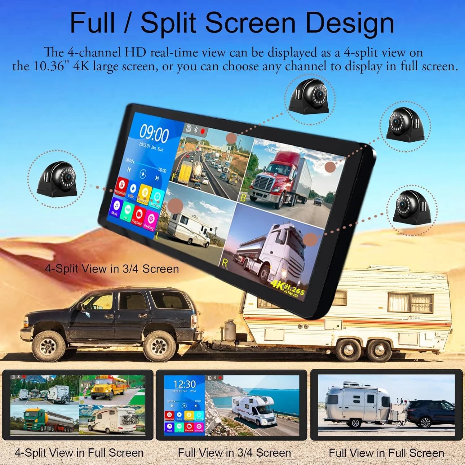 10.36" 4K RV Camera System with 4 Rear View Cameras