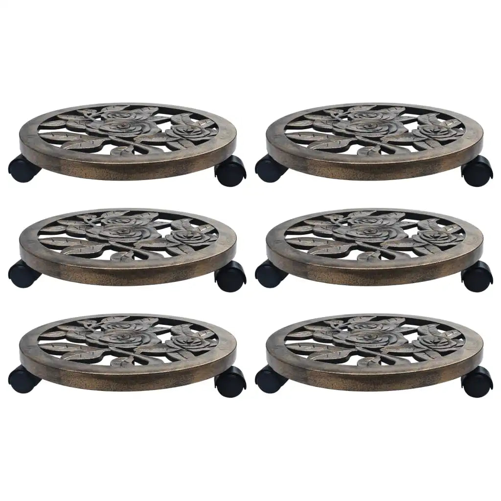 6-Pack Bronze Plant Trolleys with 360° Wheels – 38cm Indoor Outdoor Rolling Stands
