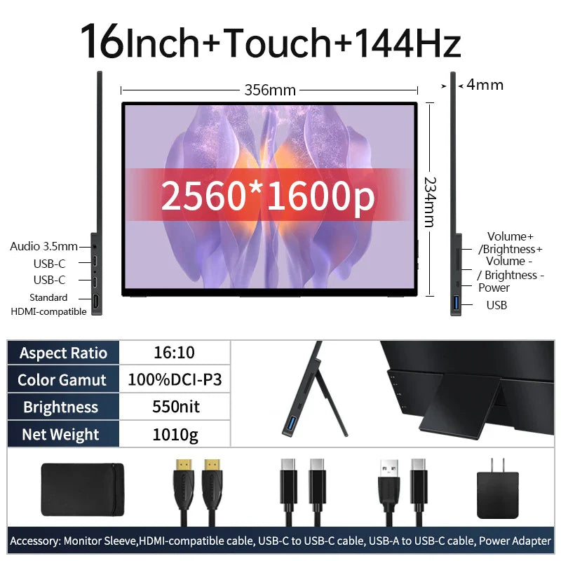 16" 2.5K 144Hz Touchscreen Monitor for Gaming and Work